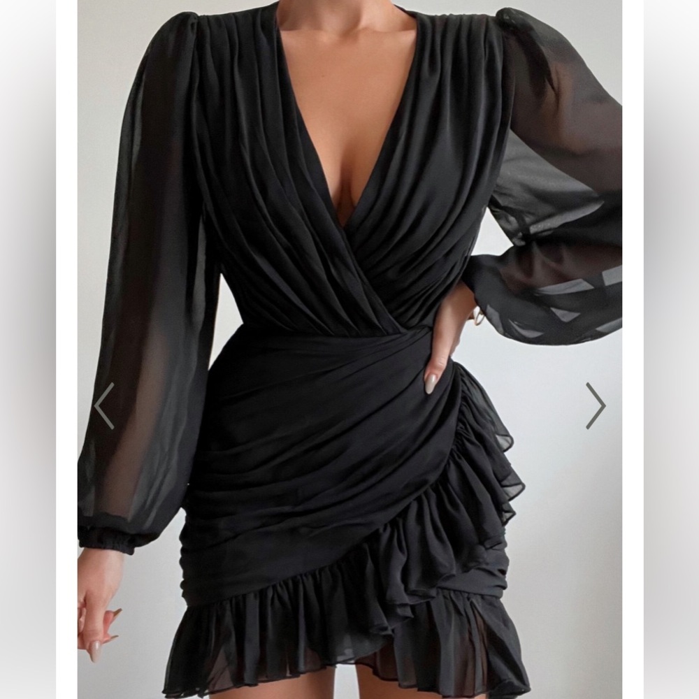 Showpo CAN I BE YOUR HONEY MINI DRESS - PLUNGE BALLOON SLEEVE DRESS IN BLACK